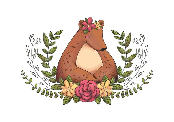 Cute Animal Forest Bear With Flower Crown, Leaves And Flowers  vector