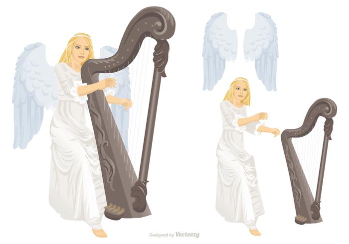 Beautiful Angel With Wings Is Playing Harp Vector