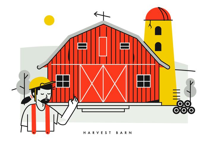 Peasant Showing Red Harvest Barn Vector Illustration