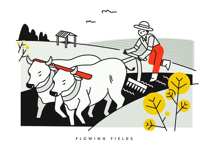 Peasant Flowing Fields With Buffalo Vector Illustration