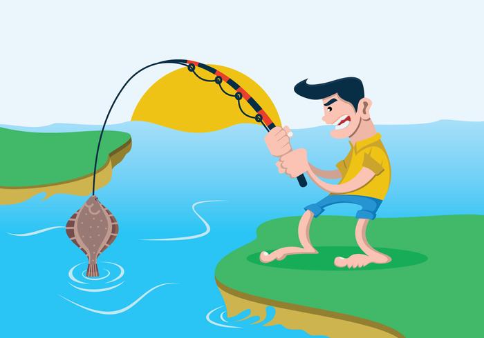 Man Fishing for a Flounder Fish Vector 