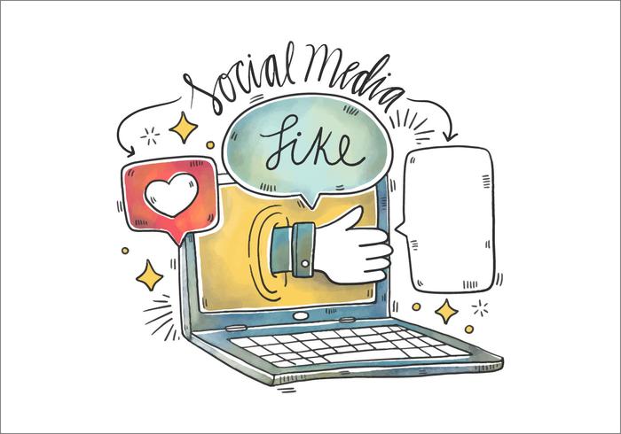 Watercolor illustration Of Laptop, Speech Bubble And Social Media vector