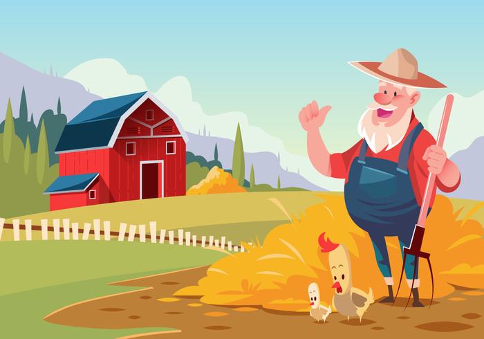 Farmer at Red Barn Vector Scene 