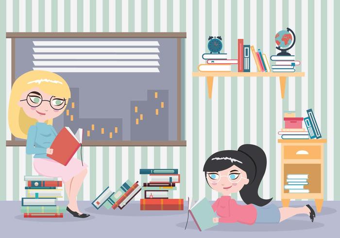 Muchachas del ratón de biblioteca con muchos libros Muchachas del ratón de biblioteca con muchos libros