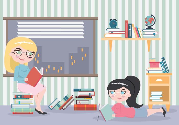 Muchachas del ratón de biblioteca con muchos libros vector