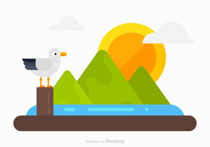 Flat Vector Nature Landscape With Albatros Standing On Pier