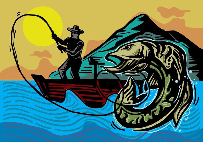 Woodcut Muskie Fishing Illustration vector