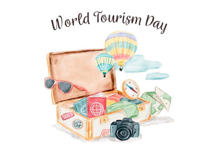 Vector Watercolor Suitcase With Travel Elements for World Tourism Day