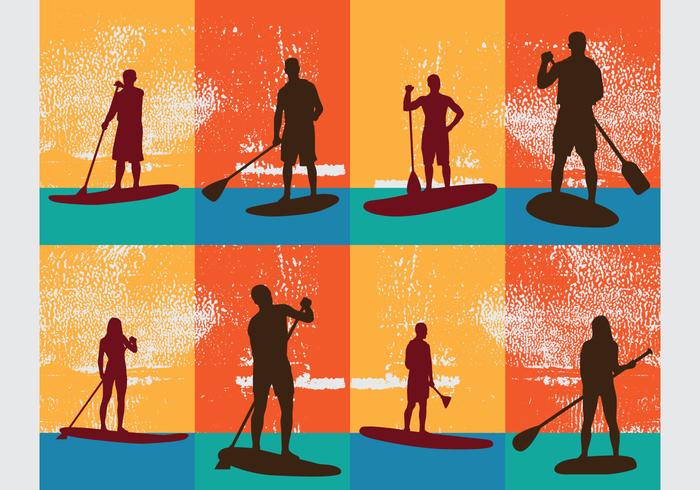 Athletes Silhouette Standing On Paddleboard Vectors 