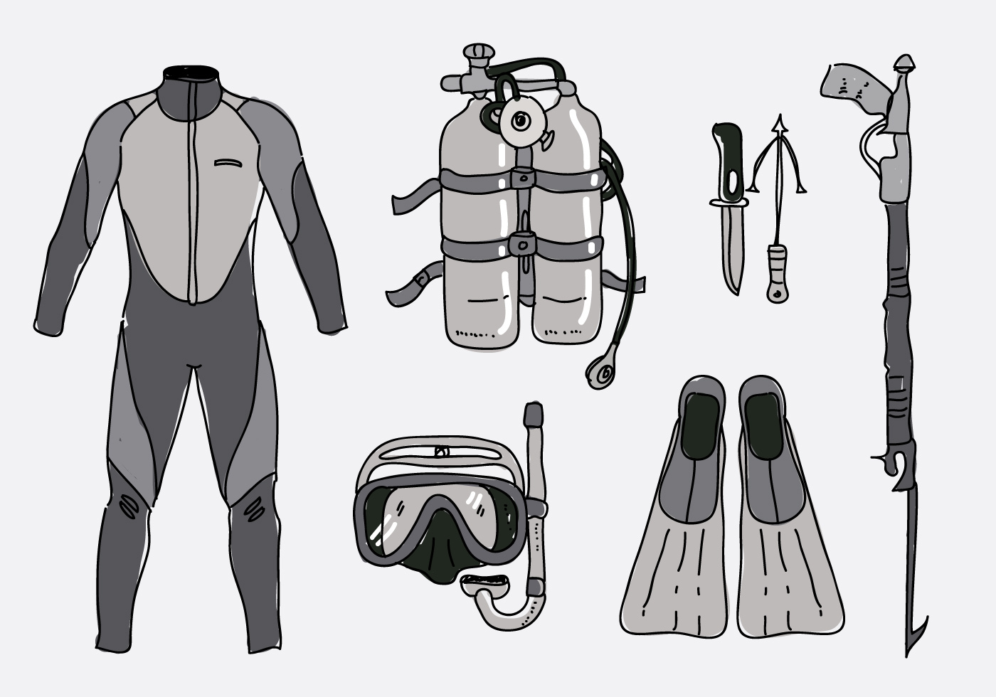 Spearfishing Equipment Collection Hand Drawn Vector Illustration