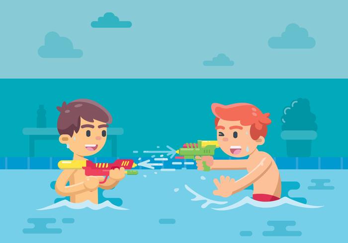 Dos niños jugando watergun en la piscina vector