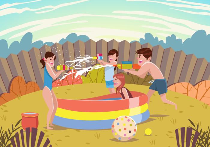 Niños de verano jugando con armas de agua Vector