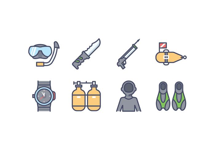 Iconos de equipo de pesca submarina vector