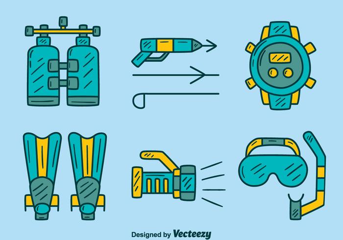 Dibujado a mano el vector de elementos de pesca submarina