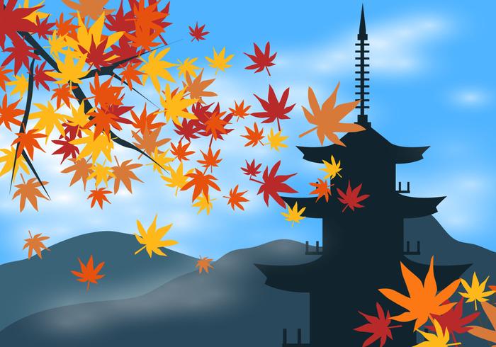 Japanese Maple With Japanese Building Background vector