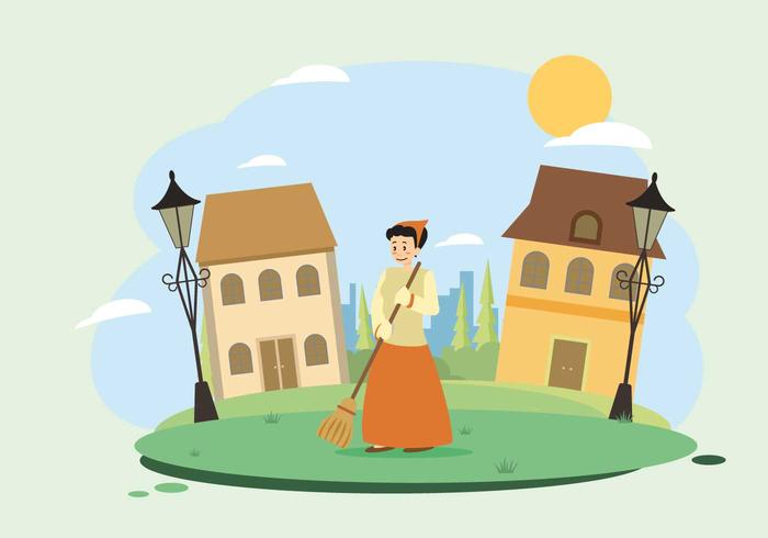 Woman Sweeping Yard Illustration vector