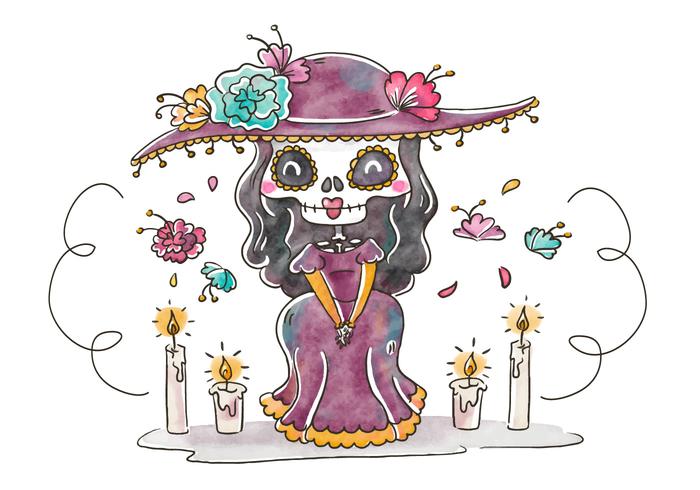 Cute Catrina carácter sonriendo con elementos florales para Dia De Muertos Vector