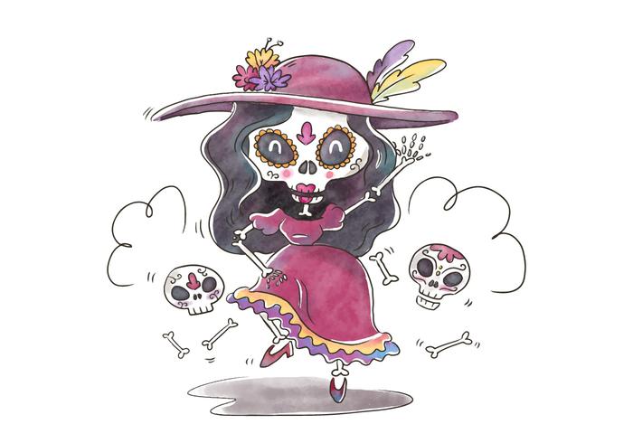 Cute Catrina carácter bailando y sonriente para Dia De Muertos Vector