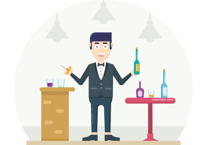 Man in Bar Holding a Bottle and Corkscrew Opener vector