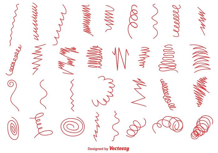 Set of Red Hand Drawn Swirls And Squiggles. Vector Set