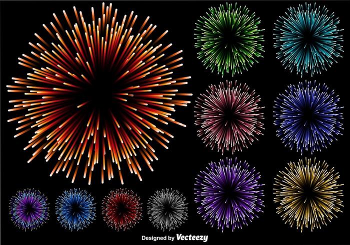 Vector Set Of Multicolored Firework Illustration On Black Background