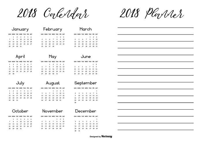 Balck y Blanco Simple Imprimible Calendario 2018 con Planner vector