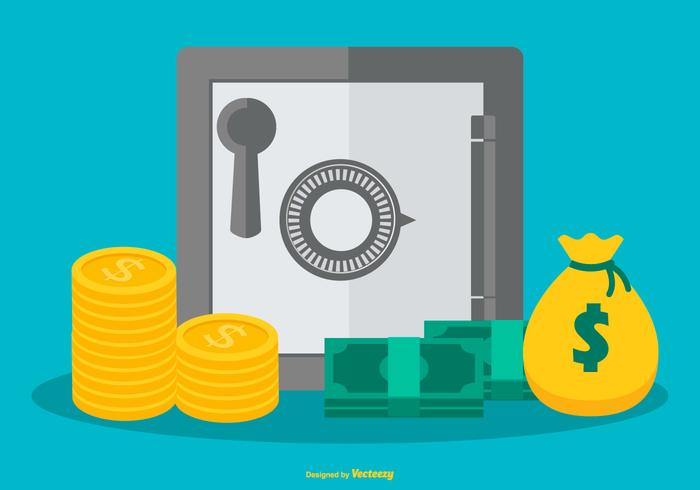 Strongbox Illustration with Coins, Money Bag and Bills vector