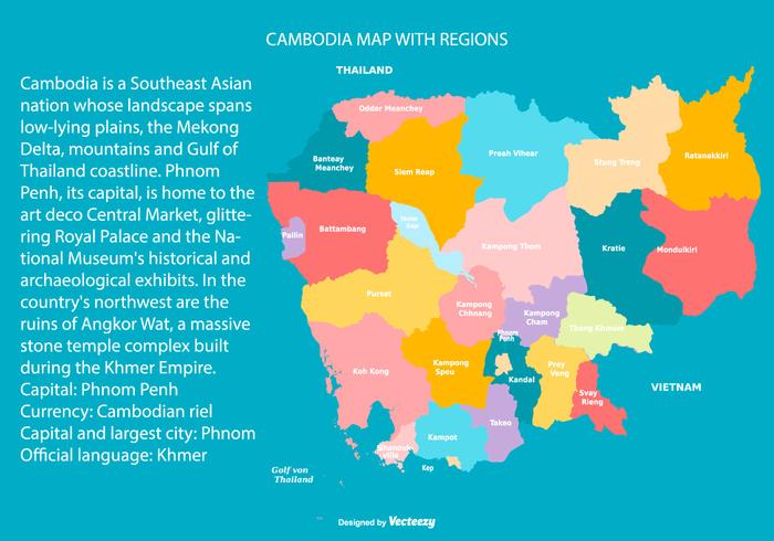 Mapa colorido de Camboya con las regiones vector