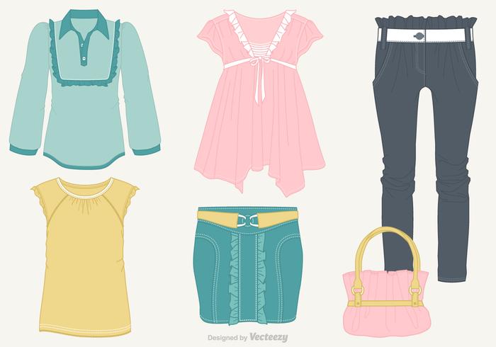 Woman Casual Clothes With Frills Vector Set
