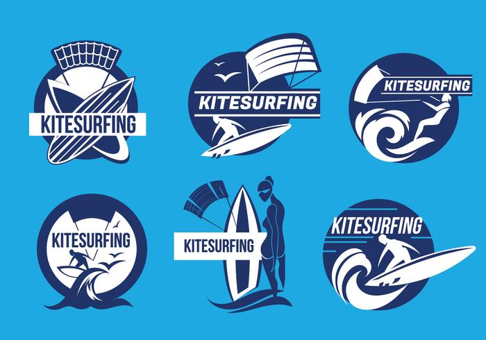 Juego de diversión de kitesurf en el océano Vectores de etiquetas de kitesurf