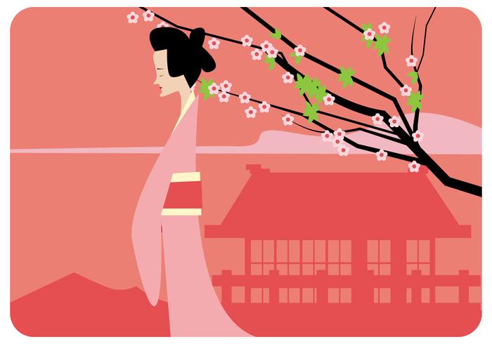 Japanese Girl And Plum Blossom Vector