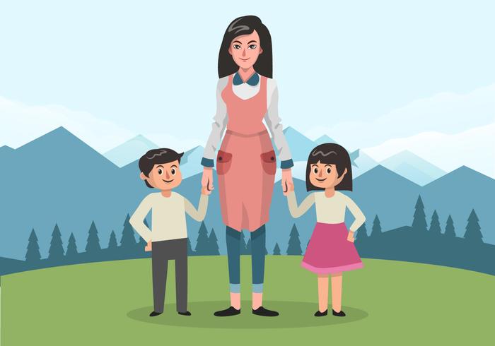 The Nanny With Two Children Vector Illustration