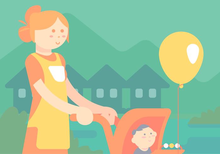 Nanny With a Kid in Stroller Vector 