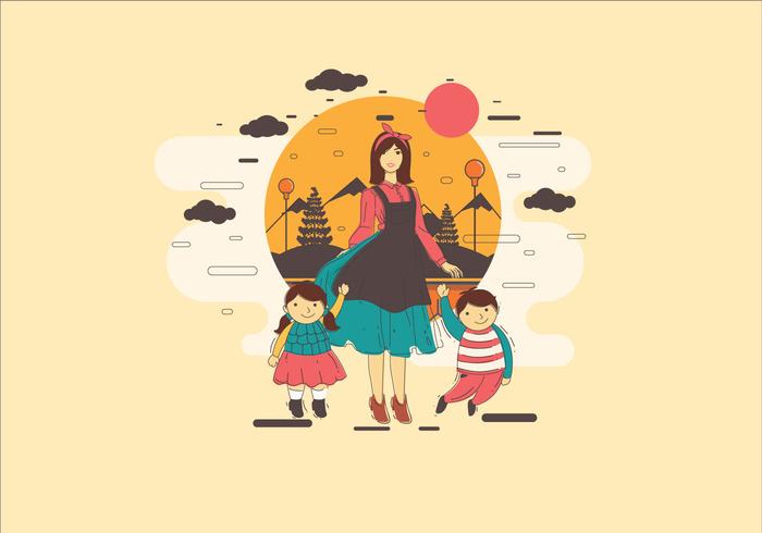 Nanny with Two Children Vector