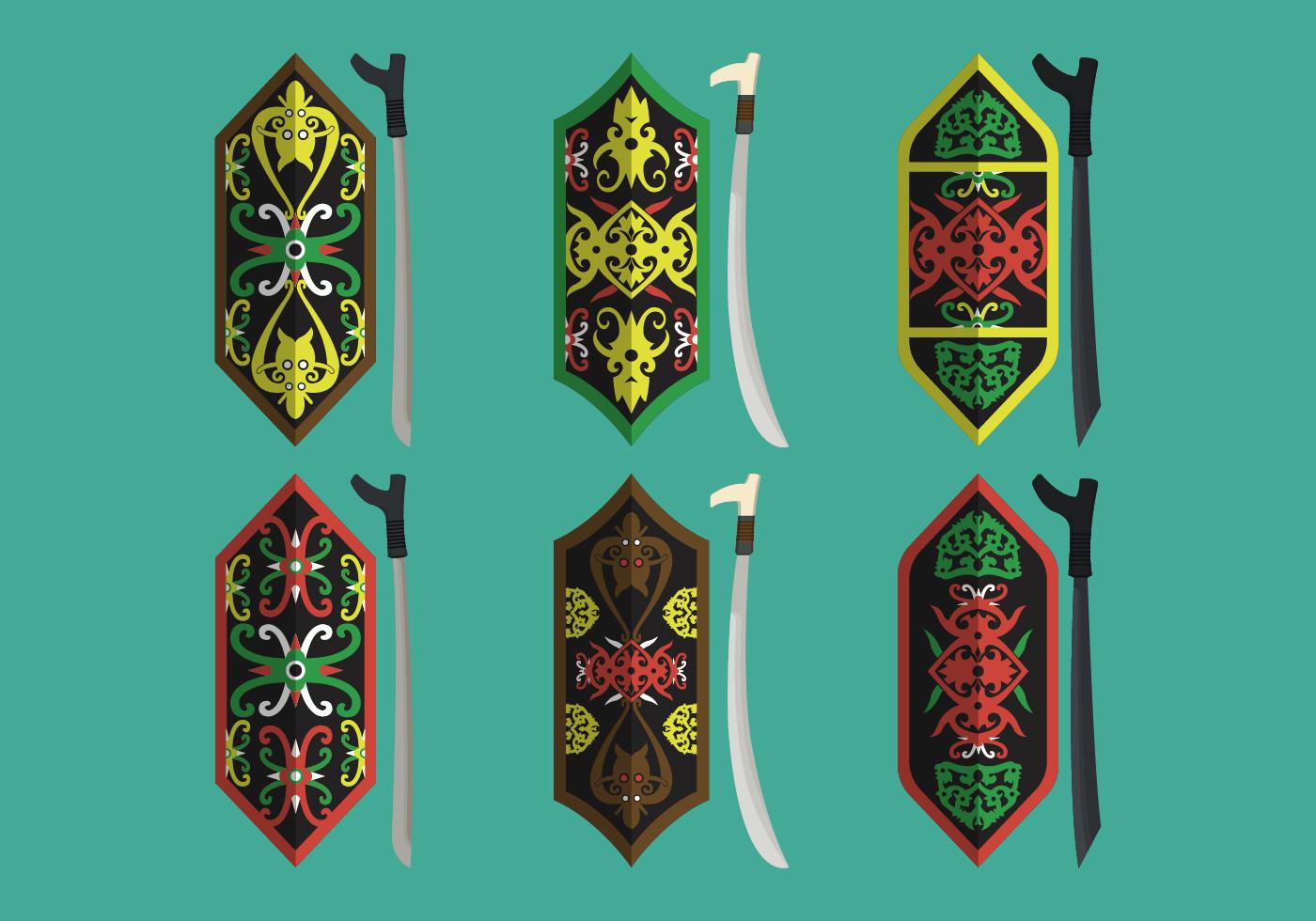 Dayak Shield Tribal Motif and Weapon Vector Collection Dayak Shield Tribal Motif and Weapon Vector Collection