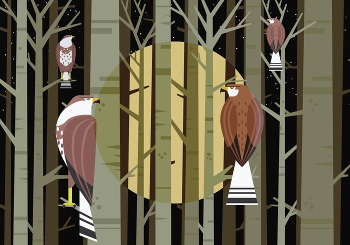 Buzzard Bird Sitting at Forest Tree Branch Vector Illustration