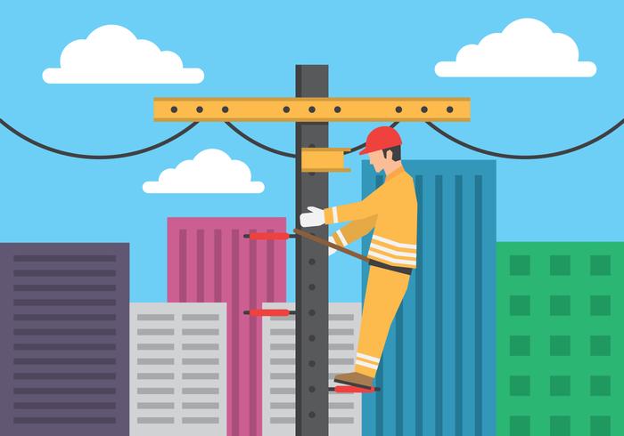 Electrician Working With High Voltage Equipment On Power Line Support Illustration vector