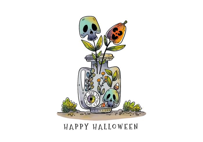 Linda botella de Halloween con cráneo y plantas de calabaza Vector