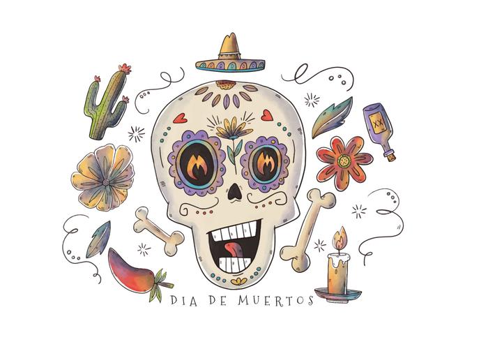 Cute Sugar Skull with Floral Elements for Dia De Los Muertos Vector 