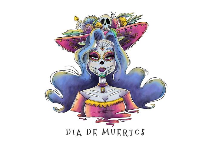 Catrina sexy personaje con el pelo largo y curvilíneo para el vector Dia De Los Muertos