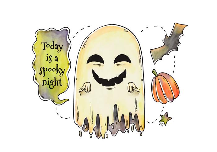 Cute Vector Ghost Laughing With Halloween Elements Around