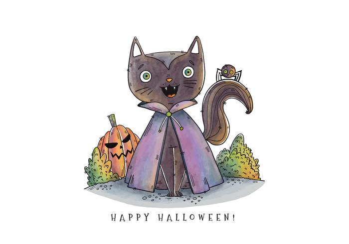 Cute Vampire Cat Smiling With Pumpkin Vector 