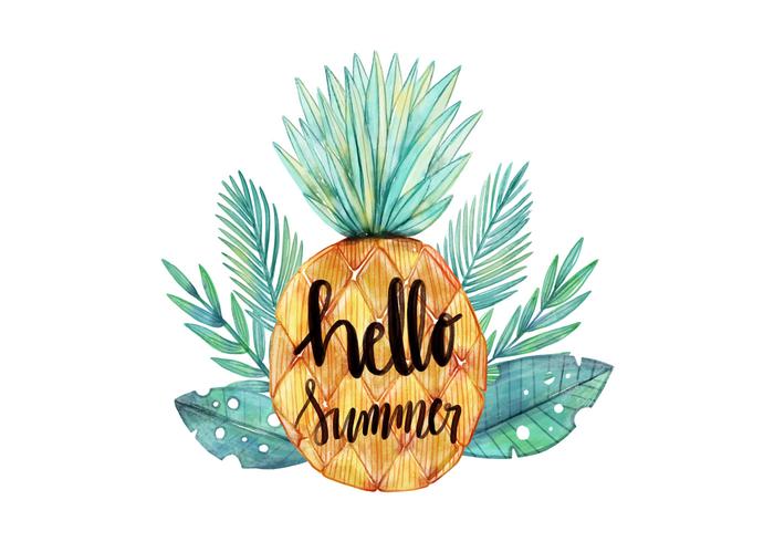 Hello Summer Watercolor Pineapple With Tropical Leaves Vector 