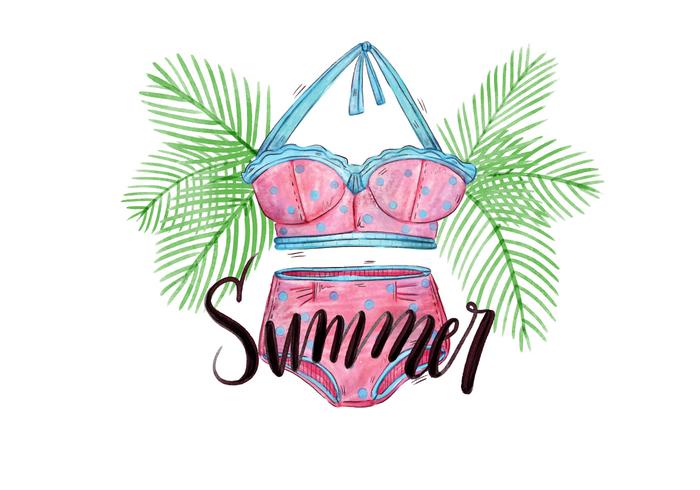 Vector Watercolor Palms and Lettering with Swimwear for Summer Holiday