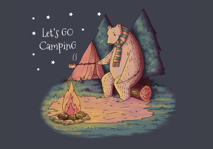 Cute Bear Wearing Scarf Camping en el vector de maderas