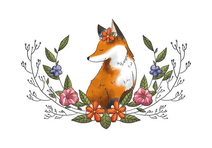 Lindo Fox Animal Forest con hojas y flores Vector