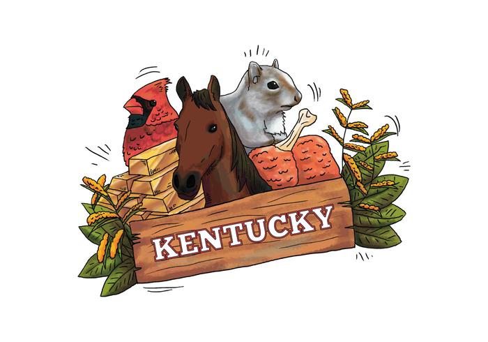 Kentucky Wood Sign With Horse, Bird, Squirrel, Gold And Leaves Vector 