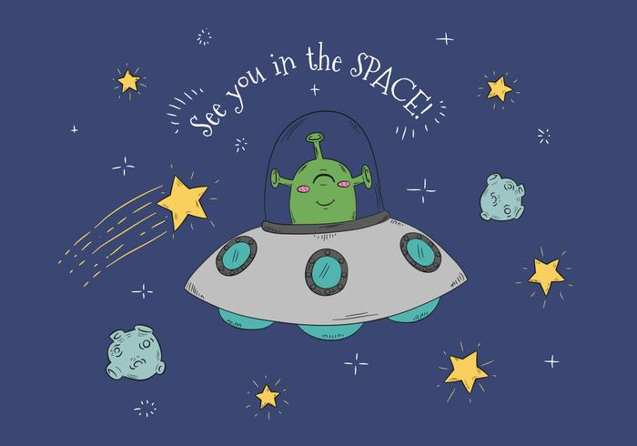 Cute Alien With Spacecraft Vector 