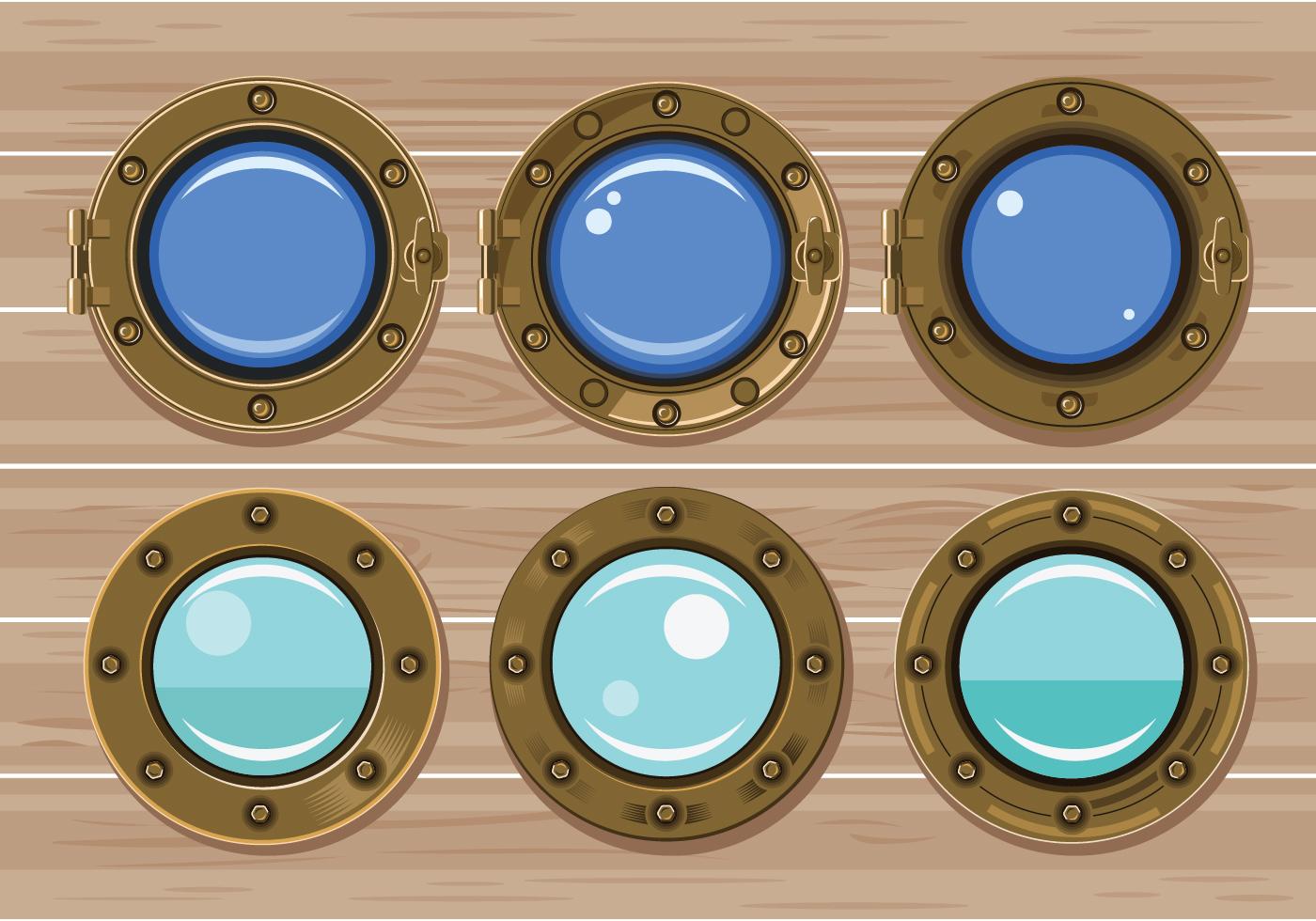 Set of Gold Porthole or Ship Window on Wood Background 164847 Vector