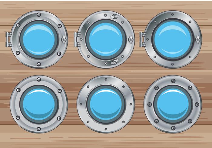 Set Illustration of Silver Window Ship Porthole on Wood Background vector